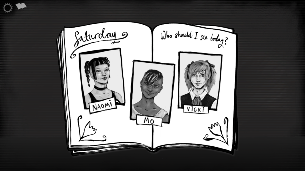 Image of the diary from Knife Sisters showing three characters you can date