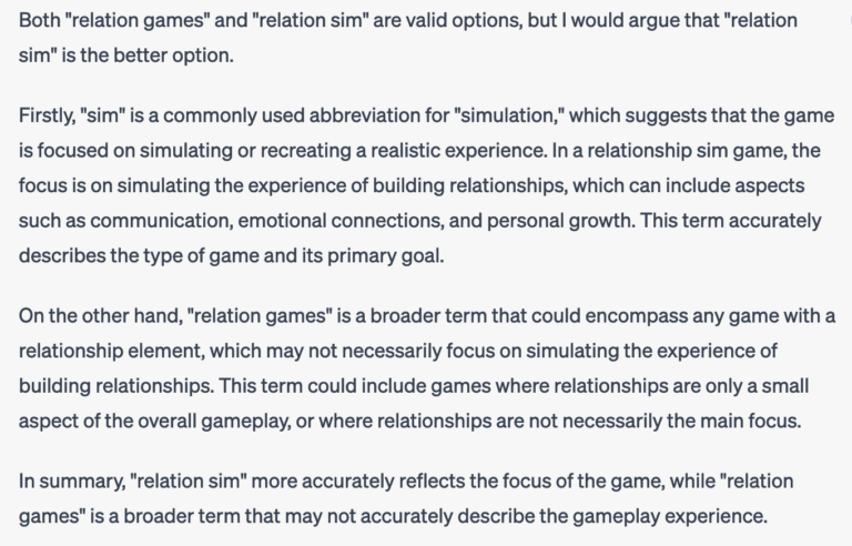 An argumentation by ChatGPT about the terms relation sims and relation games