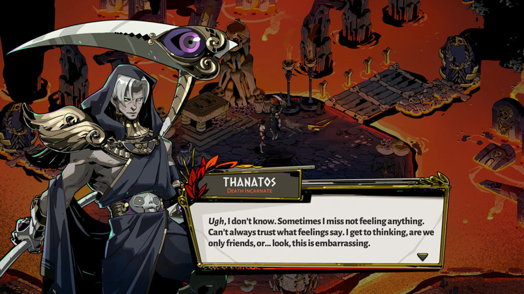 Screenshot from Hades showing a conversation between Zagreus and Thanatos