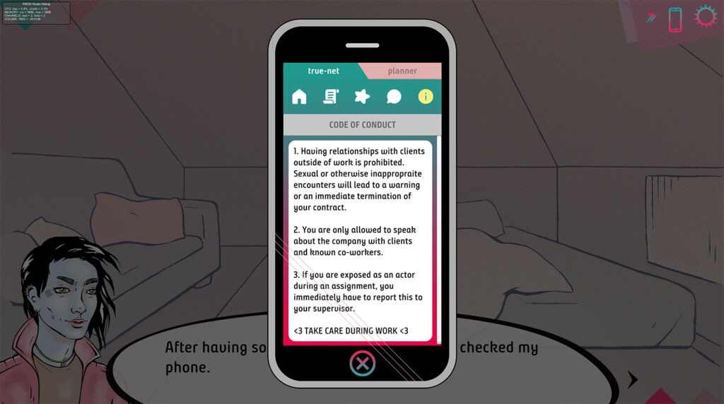 Screenshot from Truer than You showing Rin's phone with the Code of Conduct