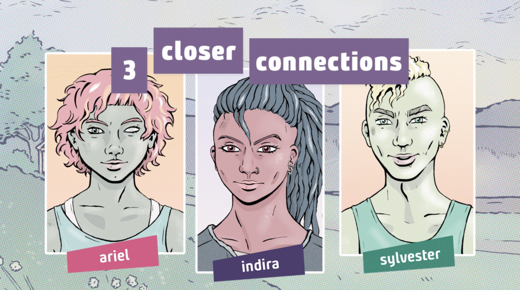 An image showing Ariel, Indira and Sylvester from Truer than You, with the text "3 closer connections"